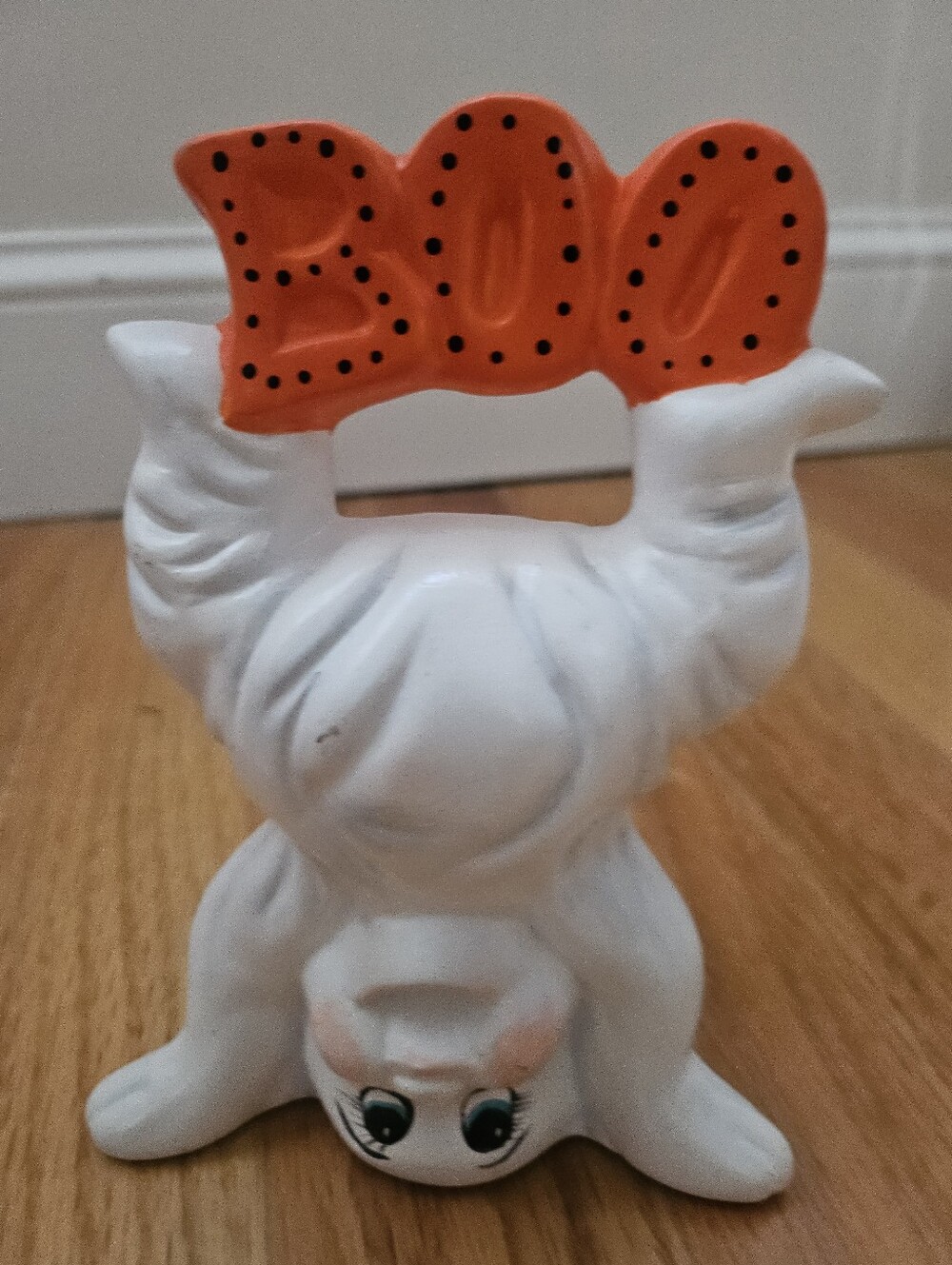 White Ghost Figurine with Orange "BOO" Accent - Decorative Halloween Accent